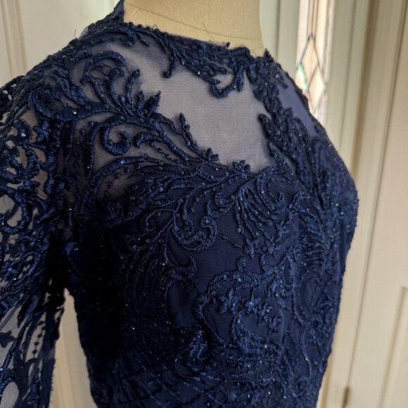 Juliet Womens Plus Bead Tea Length Dress 18W Navy Blue Sheer Lace Modest Midi 1X - Picture 10 of 15